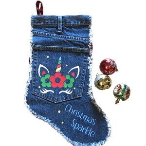 Handmade Christmas Stocking w/Jean Pocket, Unicorn Graphic, Recycled Denim